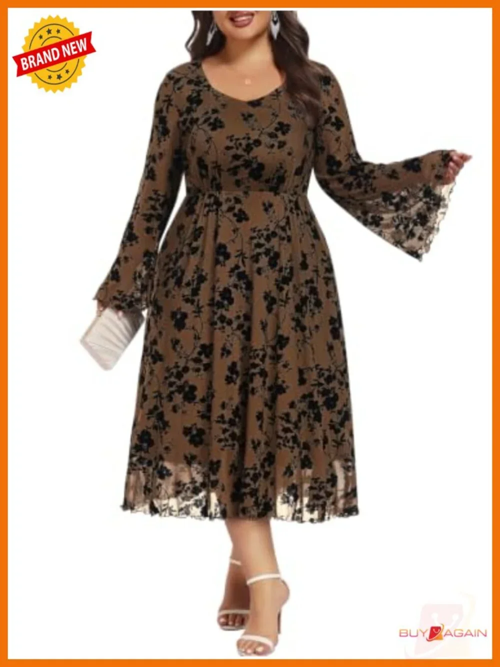 Plus Size Midi Floral Dress Long Sleeve A-Line V-Neck Formal